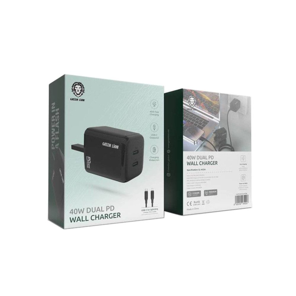 Green Lion 40W Dual PD Wall Charger (USB-C to Lightning Cable Included)