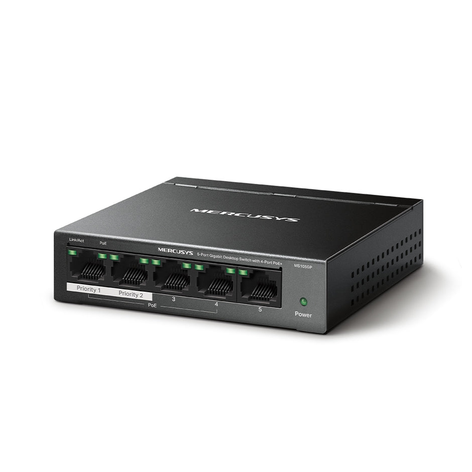 Mercusys MS105GP – 5-Port Gigabit Desktop Switch with 4-Port PoE+