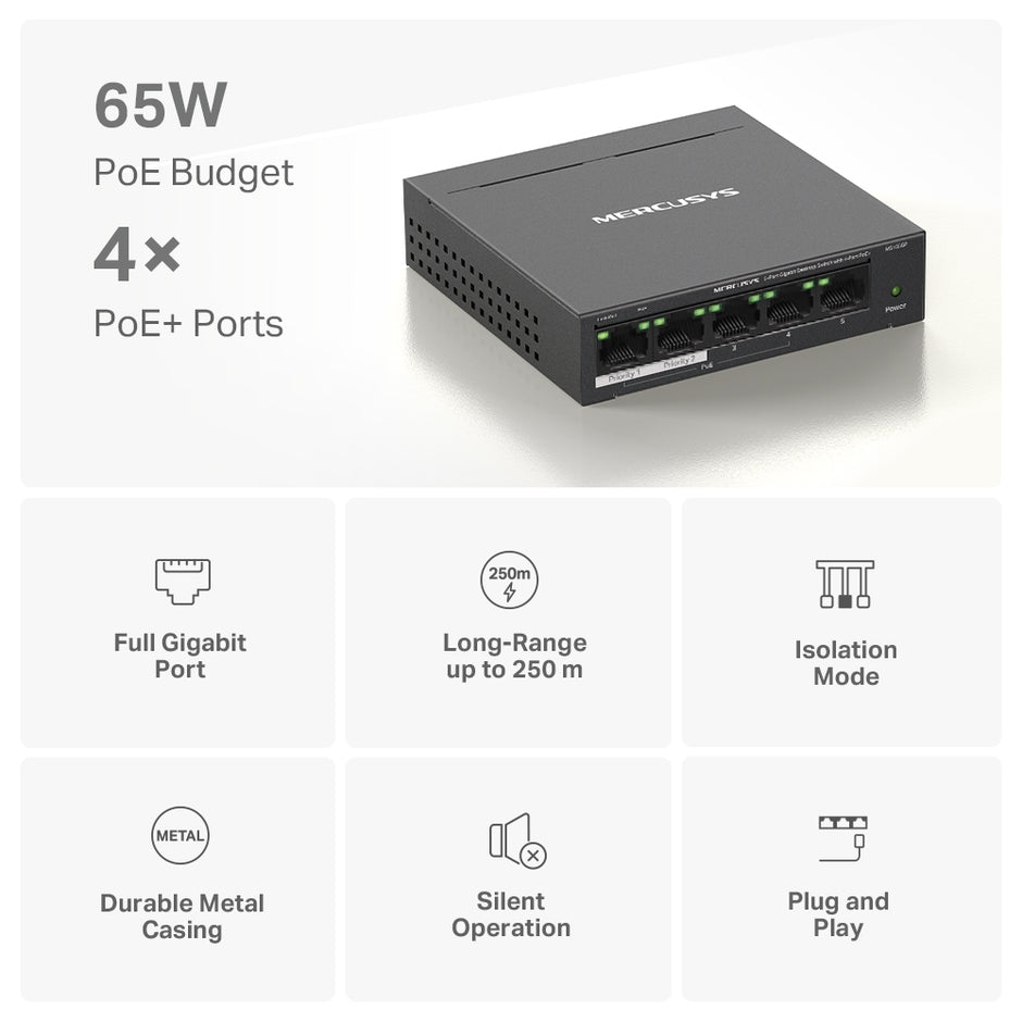 Mercusys MS105GP – 5-Port Gigabit Desktop Switch with 4-Port PoE+