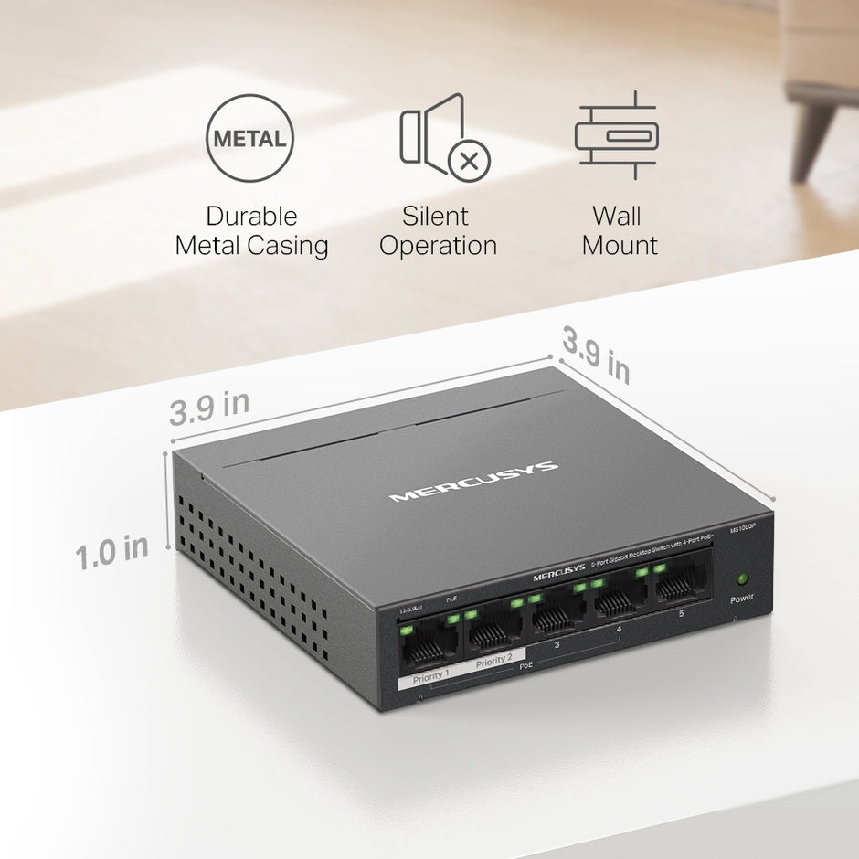 Mercusys MS105GP – 5-Port Gigabit Desktop Switch with 4-Port PoE+
