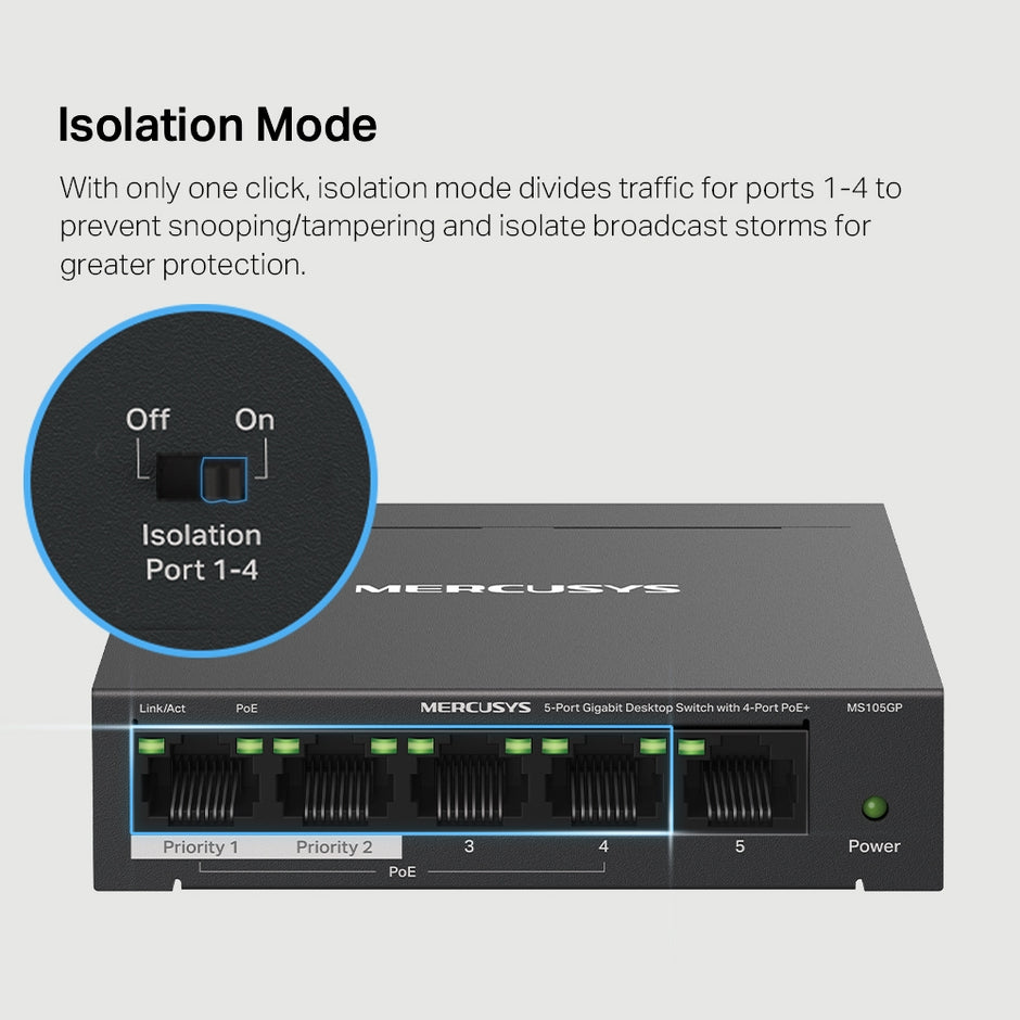 Mercusys MS105GP – 5-Port Gigabit Desktop Switch with 4-Port PoE+