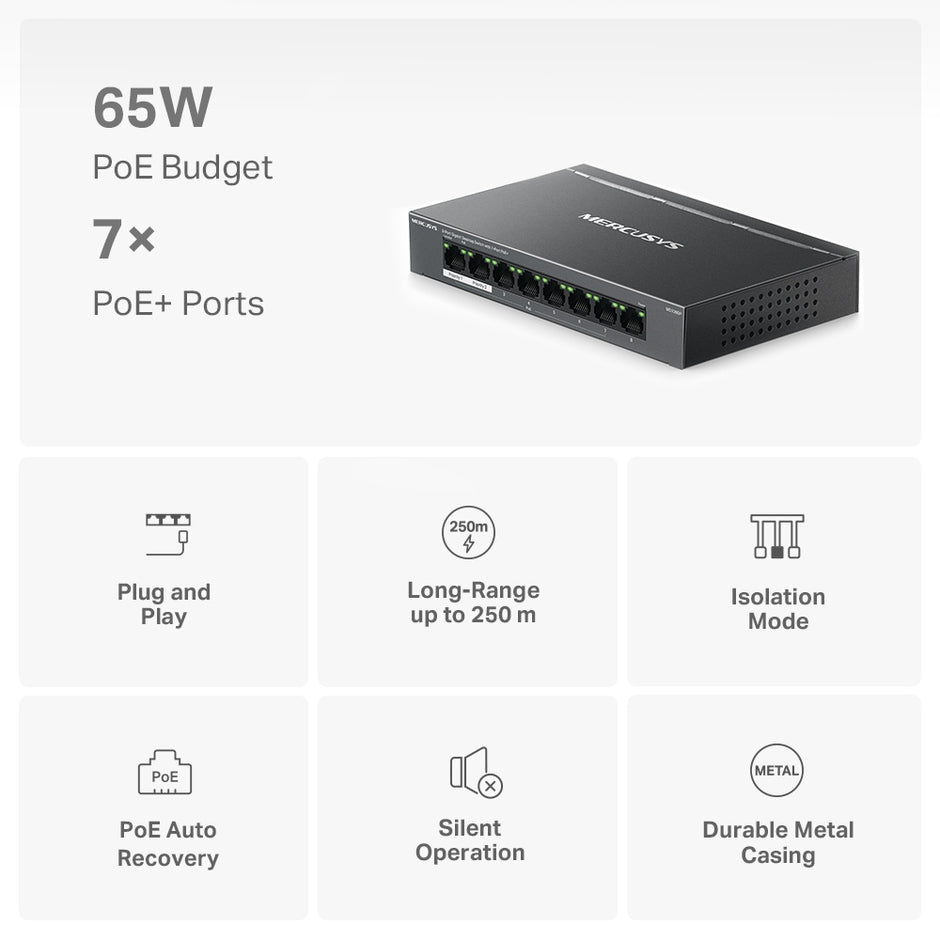 Mercusys MS108GP – 8-Port Gigabit Desktop Switch with 7-Port PoE+