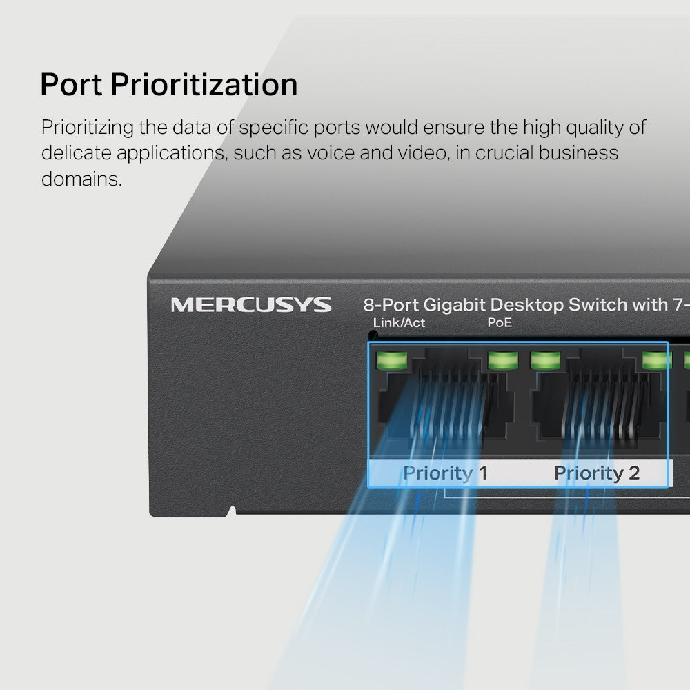 Mercusys MS108GP – 8-Port Gigabit Desktop Switch with 7-Port PoE+