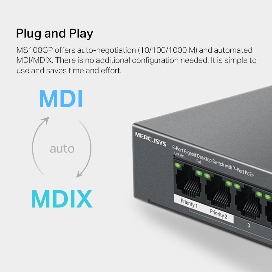 Mercusys MS108GP – 8-Port Gigabit Desktop Switch with 7-Port PoE+
