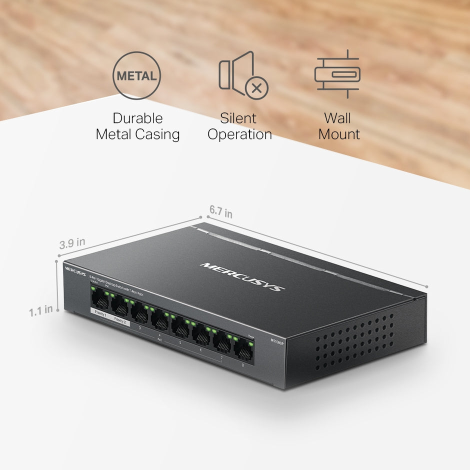 Mercusys MS108GP – 8-Port Gigabit Desktop Switch with 7-Port PoE+