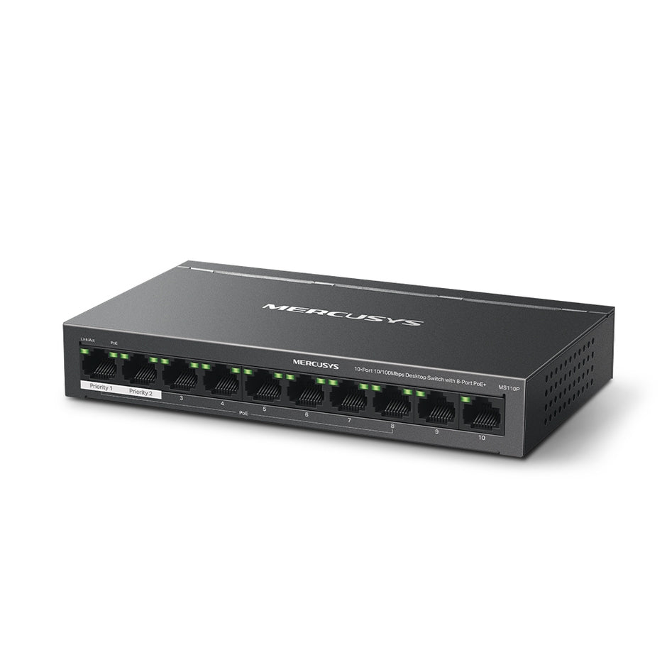 Mercusys MS110P – 10-Port 10/100Mbps Desktop Switch with 8-Port PoE+