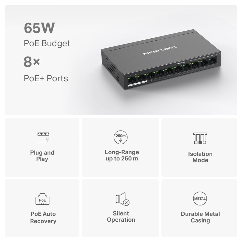 Mercusys MS110P – 10-Port 10/100Mbps Desktop Switch with 8-Port PoE+