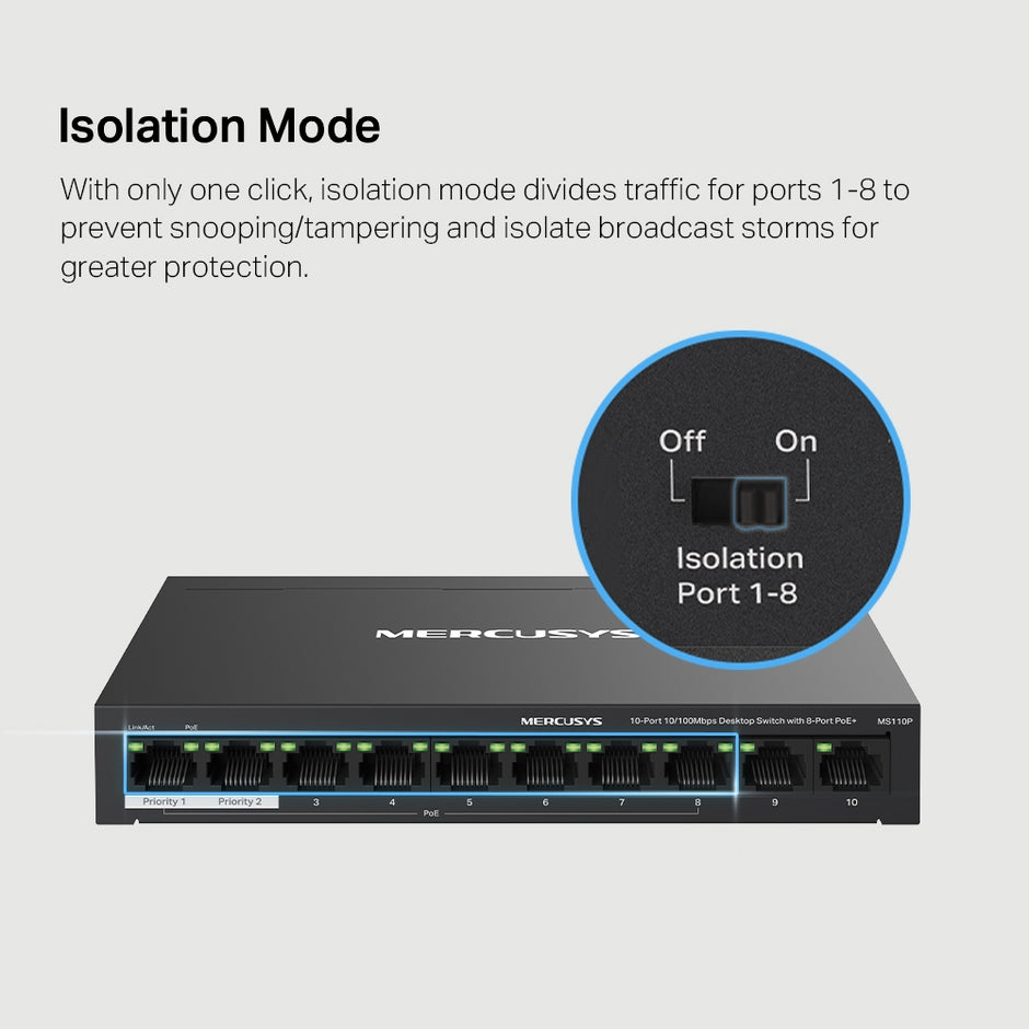 Mercusys MS110P – 10-Port 10/100Mbps Desktop Switch with 8-Port PoE+