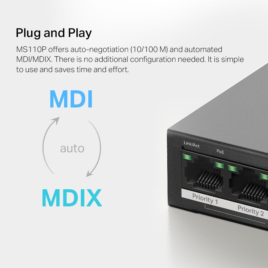 Mercusys MS110P – 10-Port 10/100Mbps Desktop Switch with 8-Port PoE+