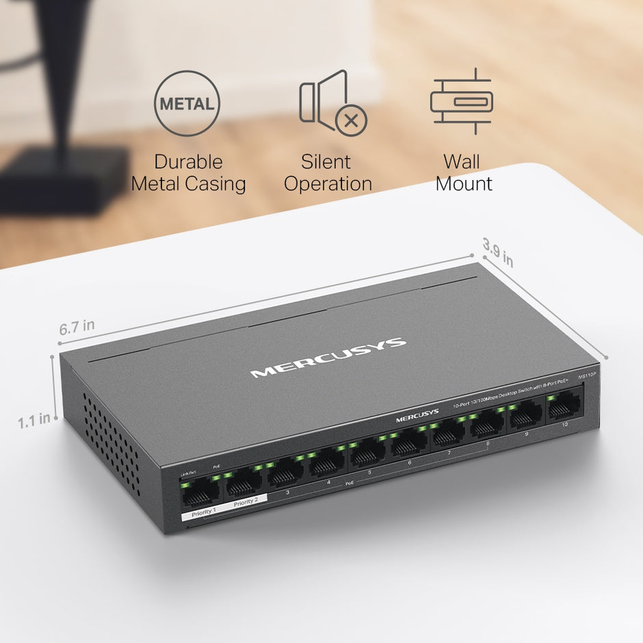 Mercusys MS110P – 10-Port 10/100Mbps Desktop Switch with 8-Port PoE+